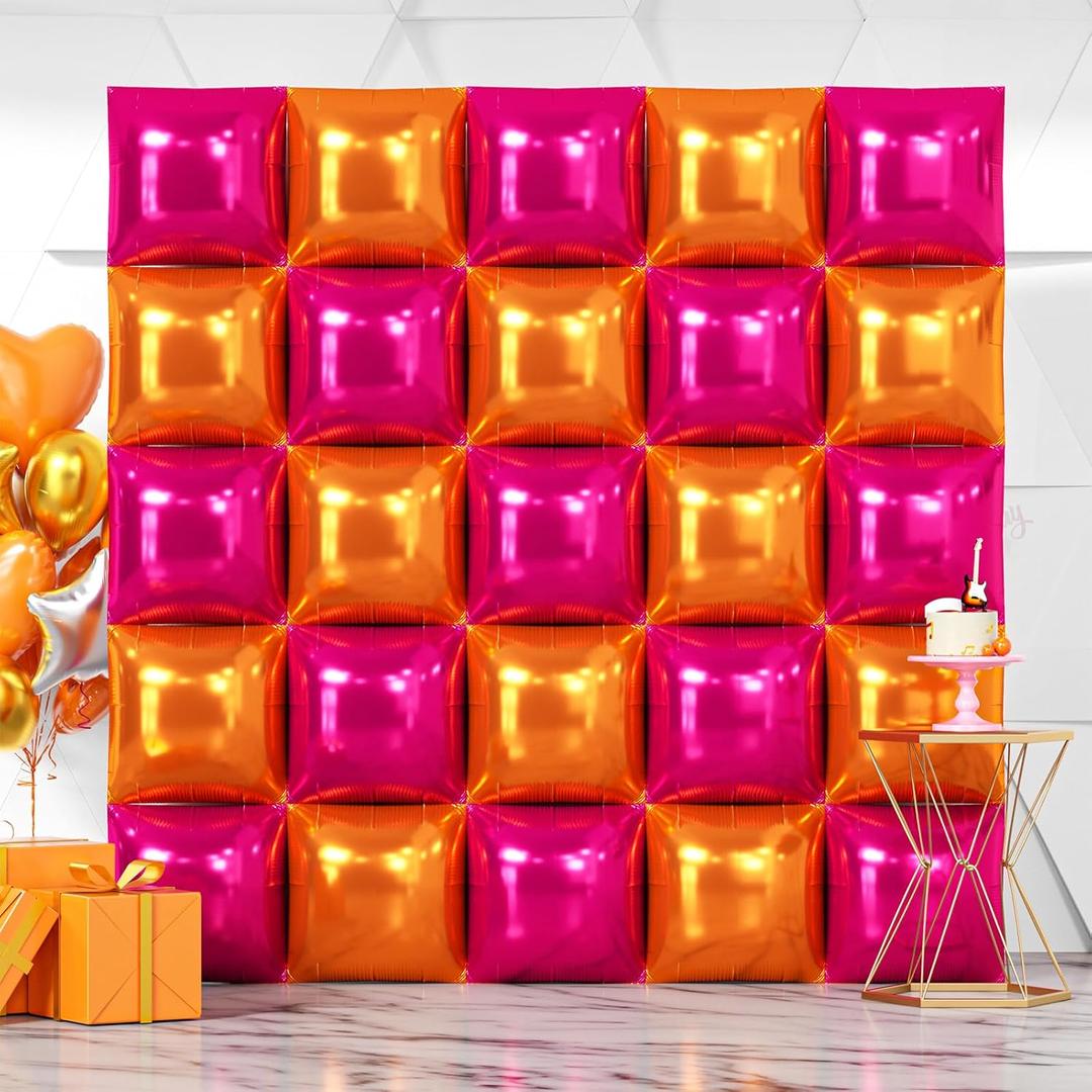 NISOCY 25PCS Rose Red and Orange Square Foil Balloons Wall Backdrop Double Sided Rose Red Orange Balloons Arch Kit for Birthday Baby Shower Valentine's Day Wedding Tropical Party Decorations