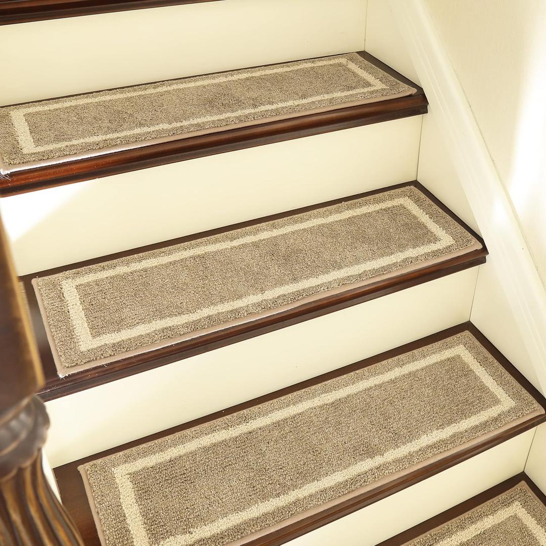 COSY HOMEER Soft Stair Treads 15pcs Non-Slip Carpet Mat 28inX9in Indoor Stair Runners for Wooden Steps,Stair Rugs for Kids and Dogs, 100% Polyester TPE Backing Beige