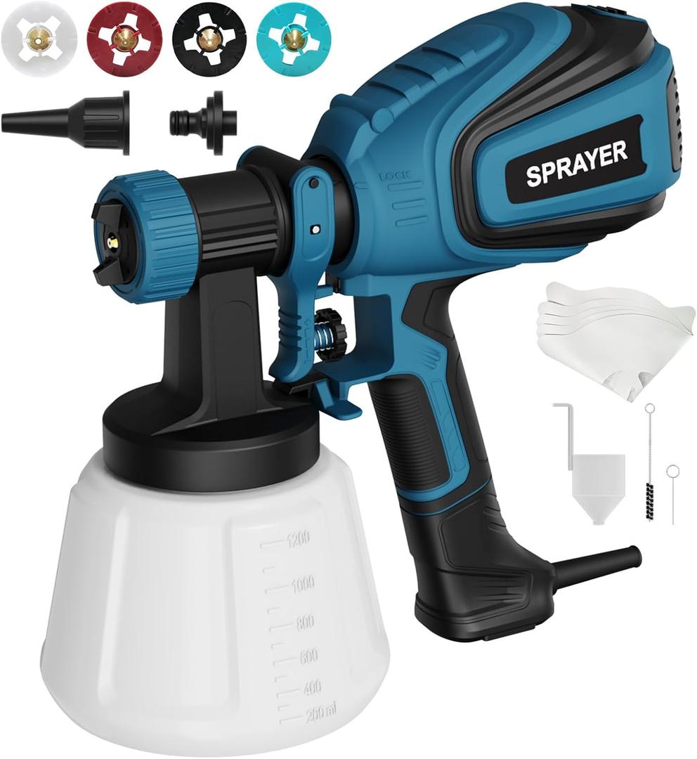 Paint Sprayer, 700W HVLP Spray Gun with Cleaning & Blowing Joints, 4 Nozzles and 3 Patterns, Easy to Clean, for Furniture, Cabinets, Fence, Walls, Door, Garden Chairs etc. VF803 Blue