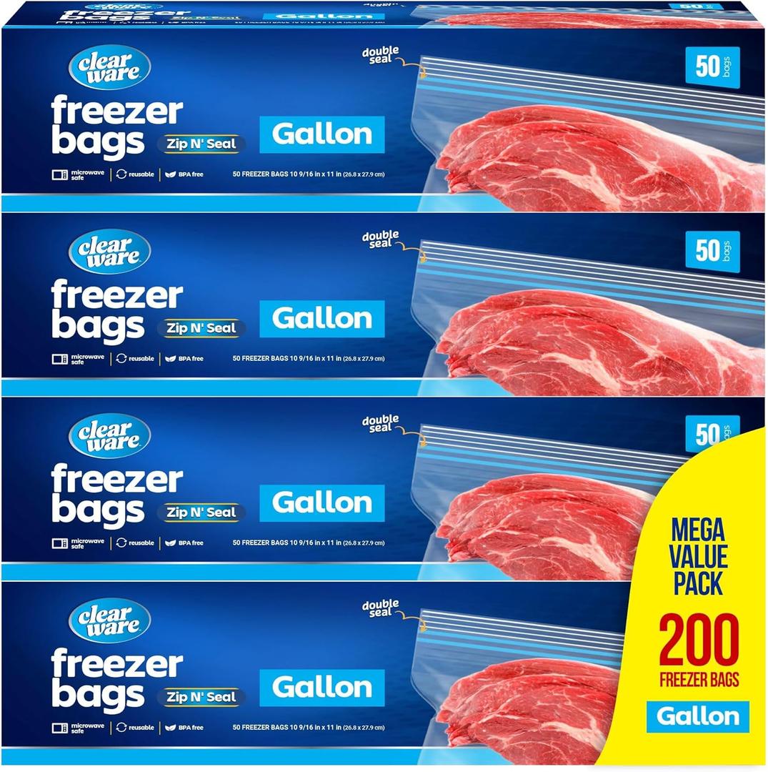 Gallon Freezer Bags, Double Zipper Seal - 200 Count, (4 Packs of 50) Thick Plastic Storage Bags - Reusable Gallon Storage Bags for Food Storage, Meat, Vegetables, Fruit - Microwave-Safe, BPA Free