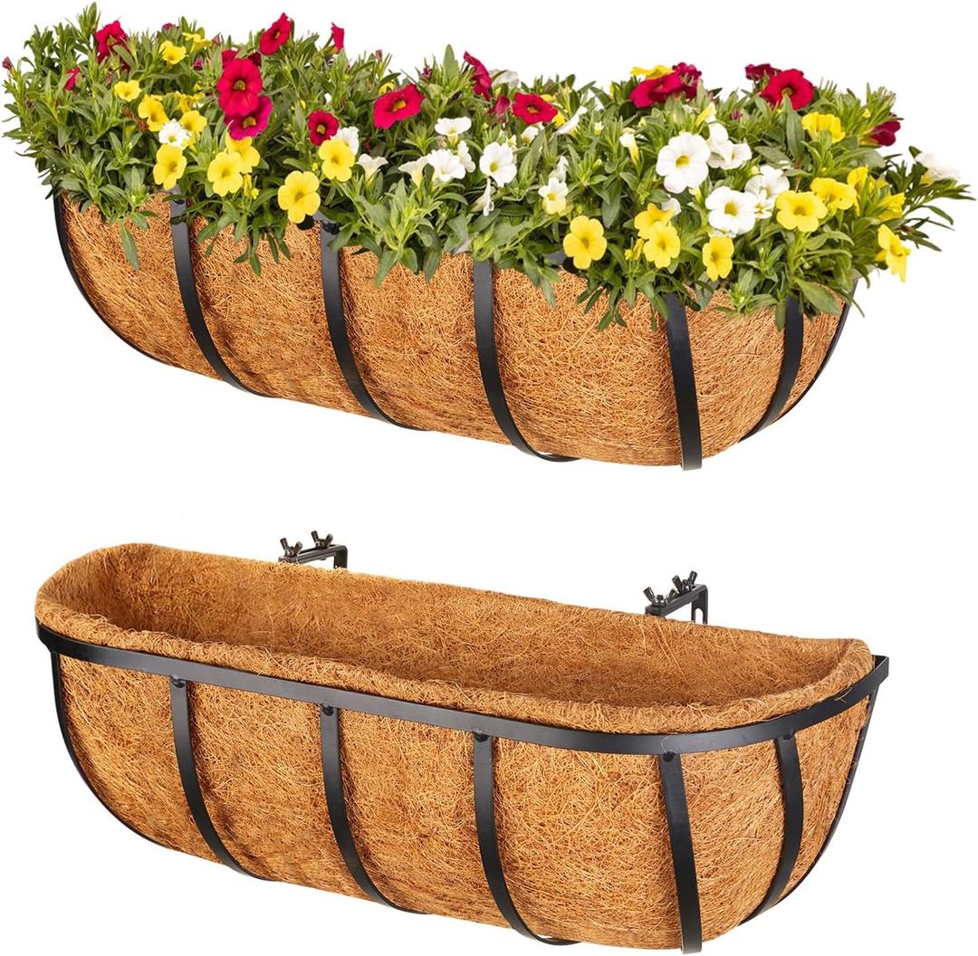 Legigo 2 Pack 16 Inch Window Box Deck Railing Planter with Coconut Liner, Balcony Rail Planters Horse Trough Window Planter Boxes, Metal Railing Hanging Flower Baskets for Outdoor Porch Fence Patio