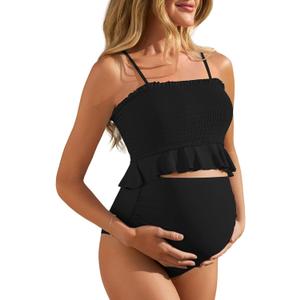 Summer Mae Maternity High Waist Swimsuit Ruffle Hem Bikini Bathing Suit Shirred Bandeau Two Piece Pregnancy Swimwear (Black, XL)