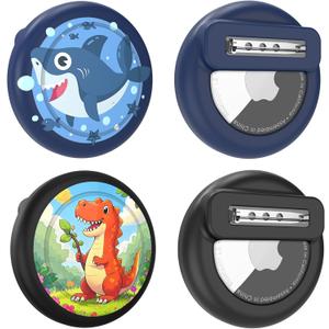 Tracker Holder for AirTag Gen 2 / Gen 1 with Safety Pin, Lightweight Cute Tracker Case for Kids Compatible with Apple Air Tags-2 Pack for Child, Elderly, Clothes, Backpack (Dinosaur/Shark)