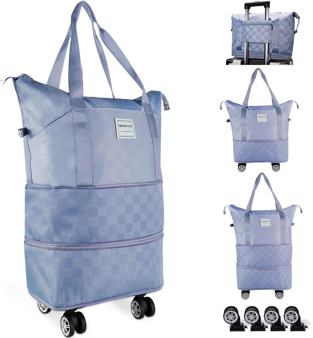 Expandable Rolling Duffle Bag - Large Carry-On With Spinner Wheels, Foldable Weekend Travel Bag, 28-58L CapacityA-Blue