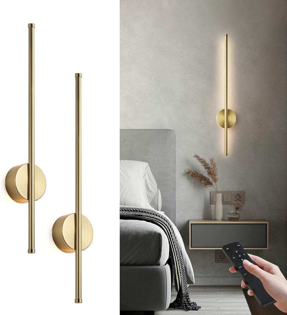 Battery Operated Modern Wall Sconces, Dimmable Wireless Wall Light Set of Two with Remote Control, 3 Color Temperatures, Rechargeable LED Wall Sconce for Bedroom, Living Room, Hallway, 23.6 Inch Brass