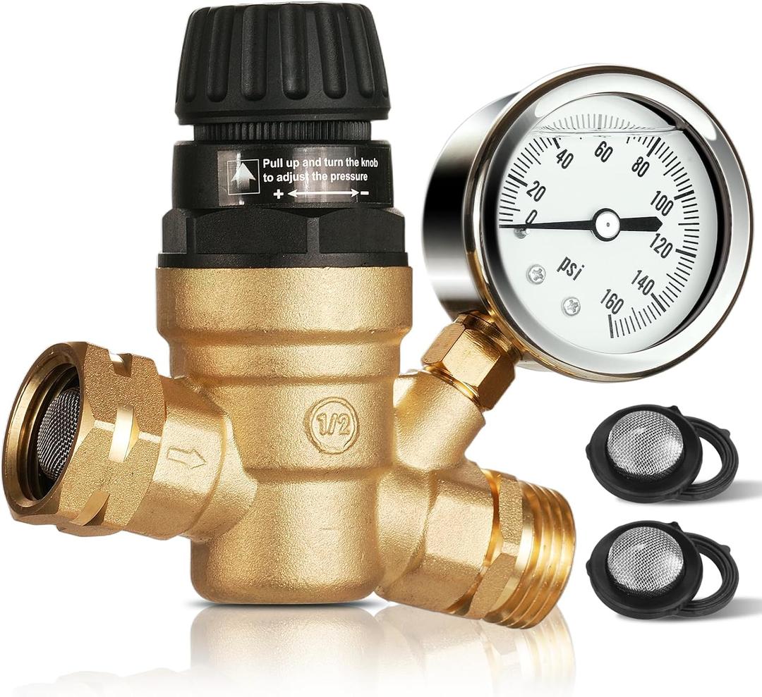 SheeChung RV Water Pressure Regulator, Brass Lead-Free Adjustable Water Pressure Reducer with Gauge, Tool-Free Hand-Turn 0-160 PSI, 3/4" GHT for RV, Camper, Trailer, Garden Hose