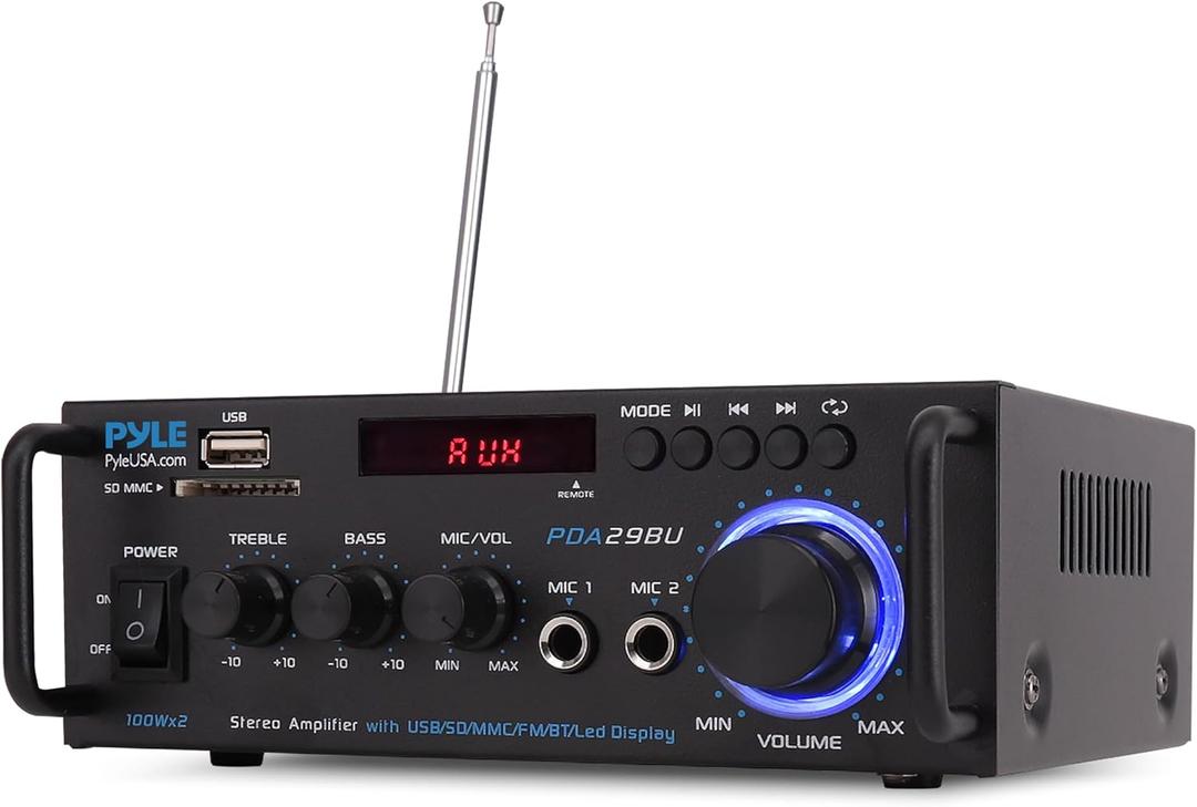 Pyle 200W Bluetooth Compact Power Amplifier - Wireless 2 Channel Audio Receiver with Dual Karaoke Mic Input - RCA - USB-A + SD Card MP3 Player - FM Radio - AUX in - Remote Control - PDA29BU