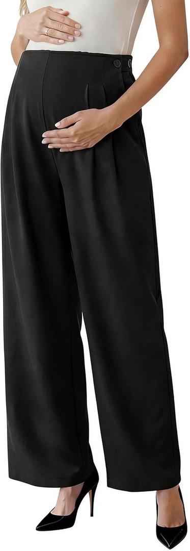 OUGES Women's Linen Maternity Pants Casual Work Adjustable Waist Straight Leg Business Office Trousers with Pockets, XL