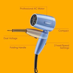 Conair Travel Hair Dryer with Dual Voltage, 1600W Compact Blow Dryer with Folding Handle, Blue