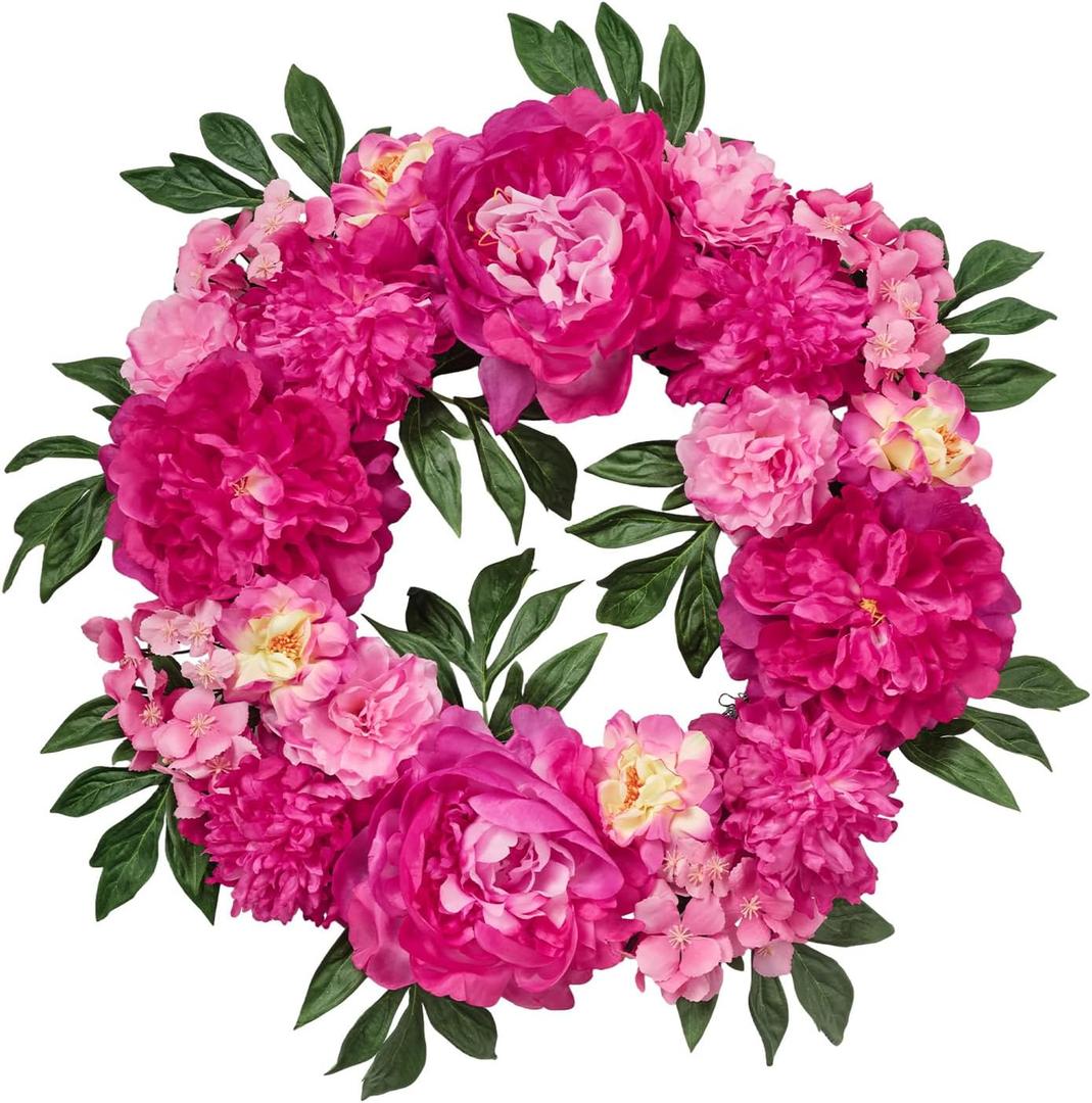 WELL KNOWN Wreaths for Front Door, 22" Spring Flower Wreath, Silk Peony Wreath as Porch Decor, Pink Artificial Flower Wall Hanging Home Party Wedding Shop Hotel Office Fire Place Seasonal Decor & Gift