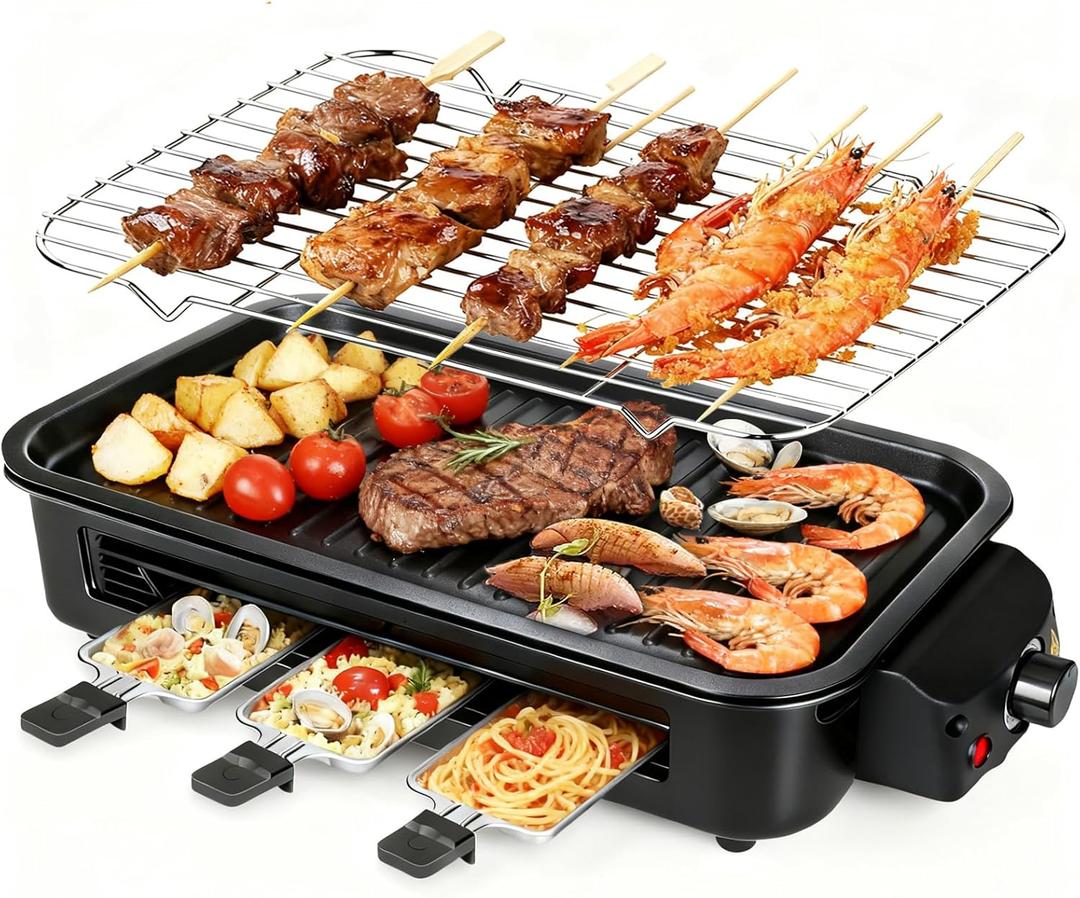 2 in 1 Electric Indoor Grill 1700W - YOHAWJAN Black Smokeless Indoor Grill Pan with Grilling Net & Non-Stick Removable Griddle Plate, Temperature Control Korean BBQ Grill for Kitchen with 3 Cheese Pan