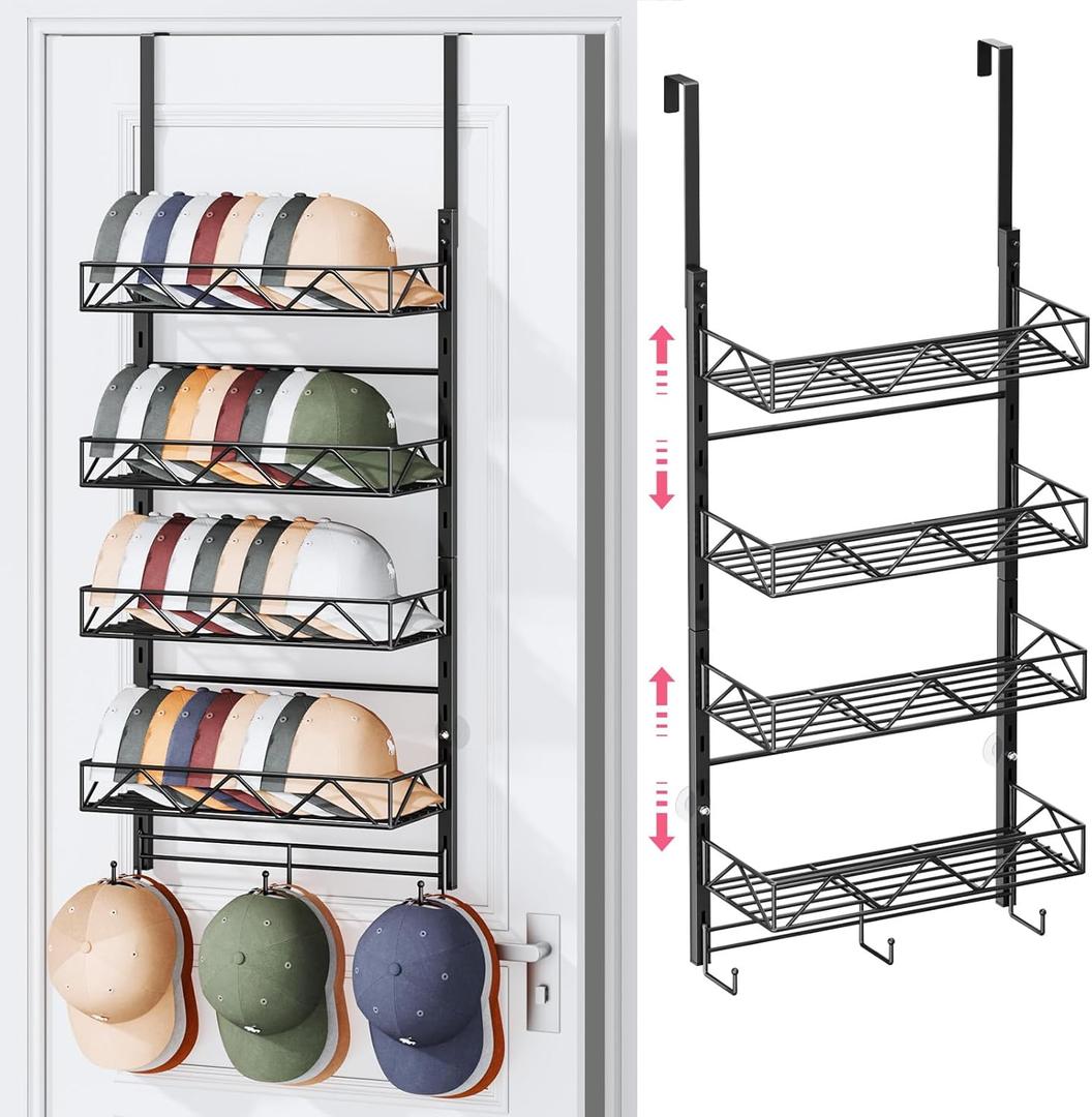 SWTYMIKI Over Door Hat Organizer - 5 Tier Wall Mounted Hat Rack with 4 Adjustable Metal Basket and 3 Hooks, Hanging Baseball Cap Organizer Storage Holds up to 49 Caps for Door, Bedroom, Closet (Black)