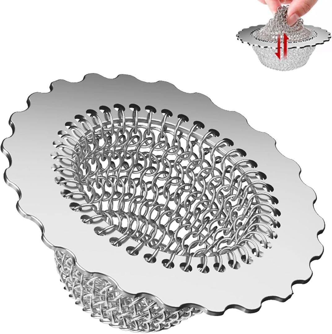 2 x Kitchen Sink Drain Strainer, Patented 304 Stainless Steel Reversible Mesh Strainer with Flexible Chain, Handcrafted Anti-Clog Garbage Disposal Tool, Easy to Clean - 1 Pack