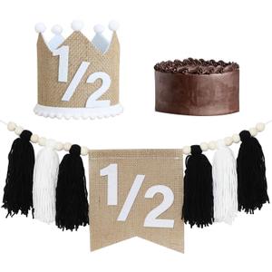 Black and White Half Birthday High Chair Banner,Wood Bead Tassel Garland,1/2 Birthday Crown Hat,6 Months Photo Backdrop,Wall Hangings Decorative For Kids Bedroom Nursery