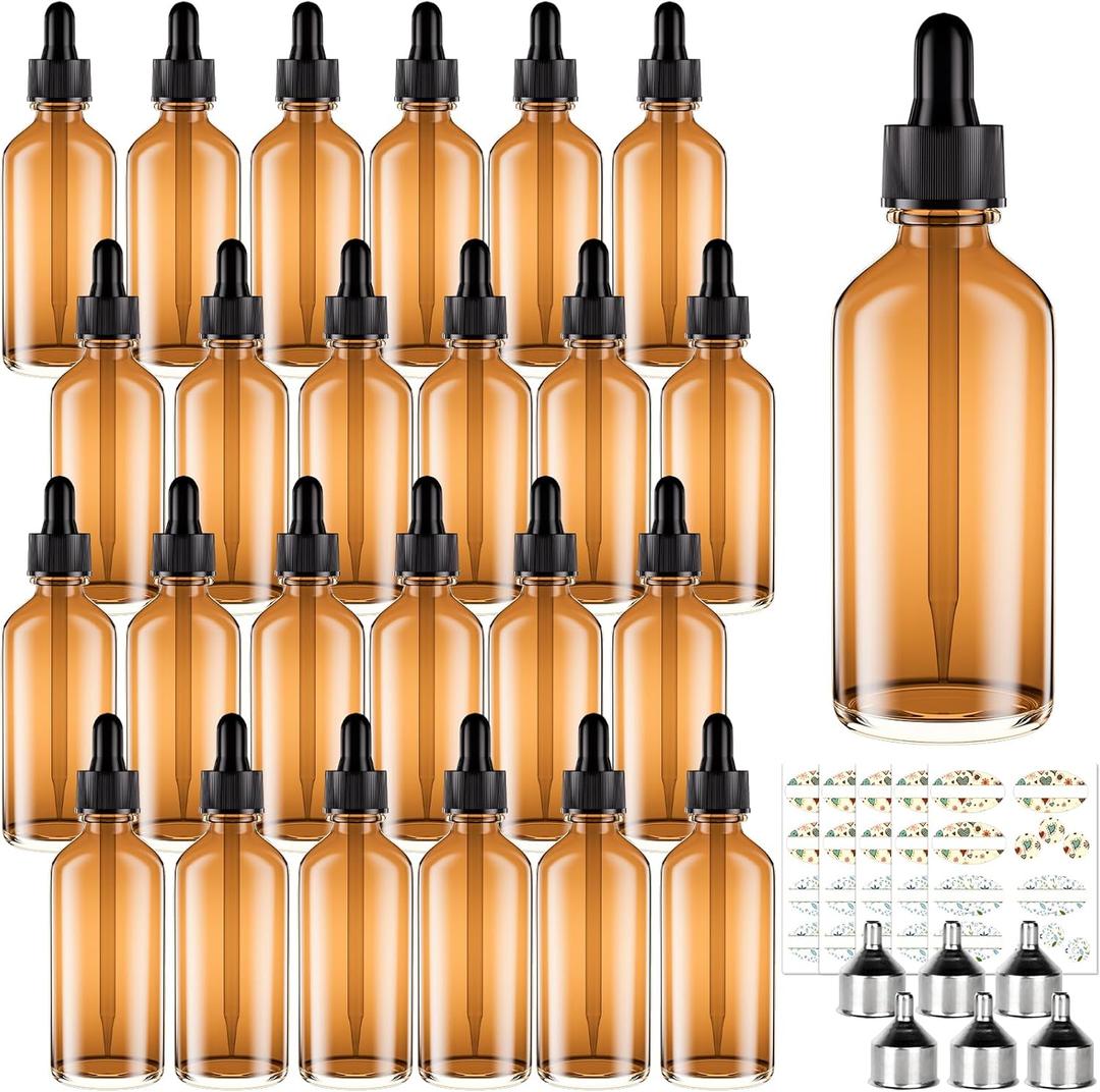 CycleMore 2oz 24 Pack Amber Glass Dropper Bottles with Glass Eye Droppers, LeakProof Travel Bottles with 6 Funnels and 30 Labels for Essential Oils & Lab Chemicals & More Liquids Ideal for Christmas