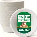 JOLLY CHEF Compostable Disposable Paper Bowl [16 oz] Heavy Duty Soup Containers [150 Pack] Biodegradable Bagasse Hot Cold Food Eco-Friendly Sugarcane Microwavable Bowls for Salad Milk Thanksgiving Day