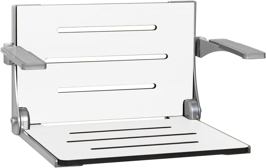 Seachrome Silhouette Comfort Folding Wall Mount Shower Bench Seat with Arms, White Seat with Silver Frame