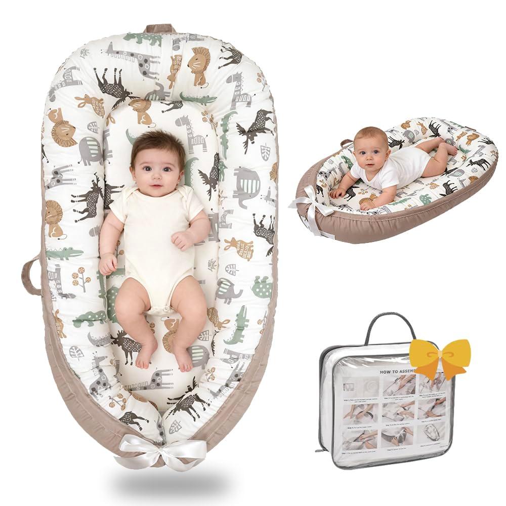 Infant Support Cushion-Breathable and Soft Organic 100% Cotton, Portable Tummy Time Mat with Removable Support Cushionr Cover, Floor Baby Support Cushion for Newborn - Animal