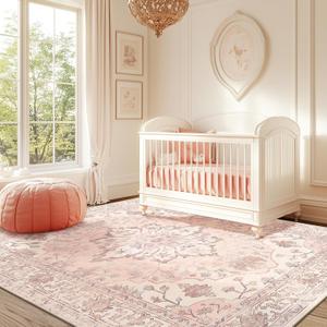 Area Rugs 6ftx9ft Washable Non-Slip, Floral Vintage Distress Print Pattern Medallion Carpet for Living Room Bedroom Dining Room, Pink Greypink Cute (6x9)