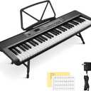 61 Keys Compact Keyboard Piano with Foldable Mini Stand, Built-in 255 Sounds, 255 Rhythms, 24 Demos, Includes Sheet Music Stand, Note Stickers & Power Supply, Gift for Beginners, Black