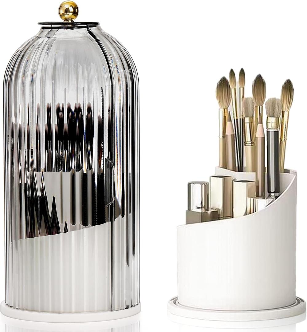 Makeup Brush Holder Organizer with Lids, 360Rotating Clear Dustproof Make Up Brush Container Box, Vanity Spinning Cosmetic Tools Storage Cup for Desktop Office Bathroom Countertop