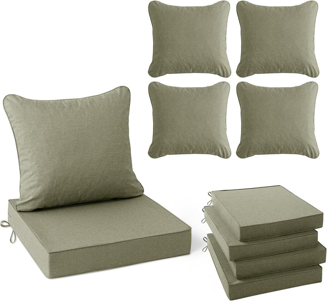 Summsun Water Resistant Outdoor Chair Cushions, Faux Linen Backrest and Seat Cushion Set with Ties, Removable Cover, Non-Slip Bottom for Patio Furniture, 19 x 19 Inch, Mocca Green, Set of 4
