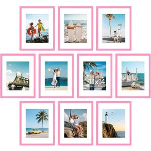 decorUhome 11x14 Picture Frame Set of 10, Display Photos 8x10 with Mat or 11x14 Unmatted for Picture Frames Collage Wall Decor, Pink