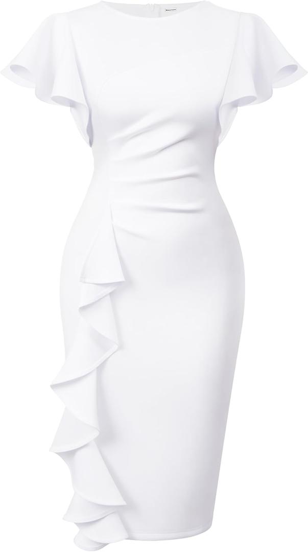 Memoriesea Women's Vintage Church Ruffle Sleeve Ruched Bodycon Work Midi Pencil Dress (Medium, White)