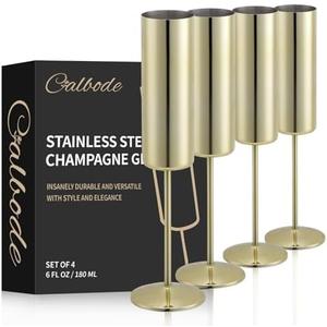 CALBODE Stainless Steel Champagne Glasses Set of 4, 6.7oz Elegant Stainless Steel Champagne Flutes, Stemmed Unbreakable Wine Glasses for Party Wedding Christmas Anniversary, Gold