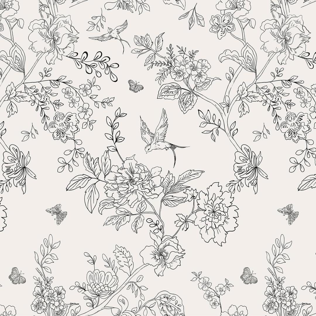 Froluya Black and Cream White Floral Wallpaper Peel and Stick Wallpaper 17.7in×118.1in Vintage Floral Contact Paper Flowers Birds Removable Self Adhesive Decorative Wall Paper for Bathroom Cabinets