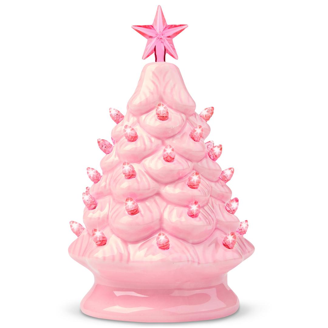 Joiedomi 7" Pink Ceramic Christmas Tree, Mini Prelit Tabletop Christmas Ceramic Tree with Extra Clear Top Star & Bulbs for Holiday Decoration Small Xmas Holiday Best Desk Tabletop Decoration (Pink)