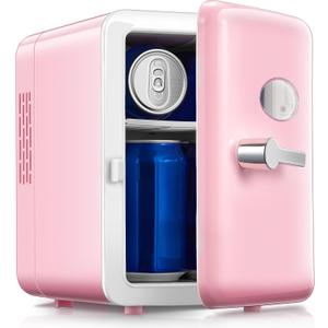 Reemix Mini Fridge, 4L/6 Cans Retro Portable Cooler For 120V Home & 12V DC Car Use, Skincare Fridge for Bedroom, Car, Office, Dorm (Pink)