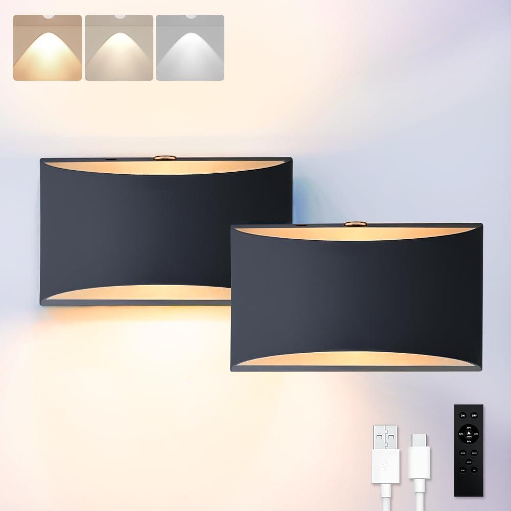 BLUEYE 2Packs Battery Operated Wall Sconce,Remote Control,Soft Warm 2700K-6000K,Cast Aluminum,Rechargeable,50W Equivalent Lamp,No Flicker,600Lumens,Dimmable,Black,Set of Two for Non-Hardwired (8-inch)