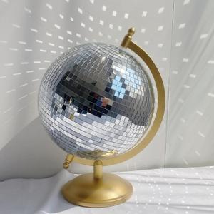 Disco Ball Globe, Home Decor Statues, Classic Tabletop Art Sculpture with Metal Base, Discoball Unique Western Modern Decorative Aesthetic Sculptures, 8.5" x 8" x 12", Bright Gold