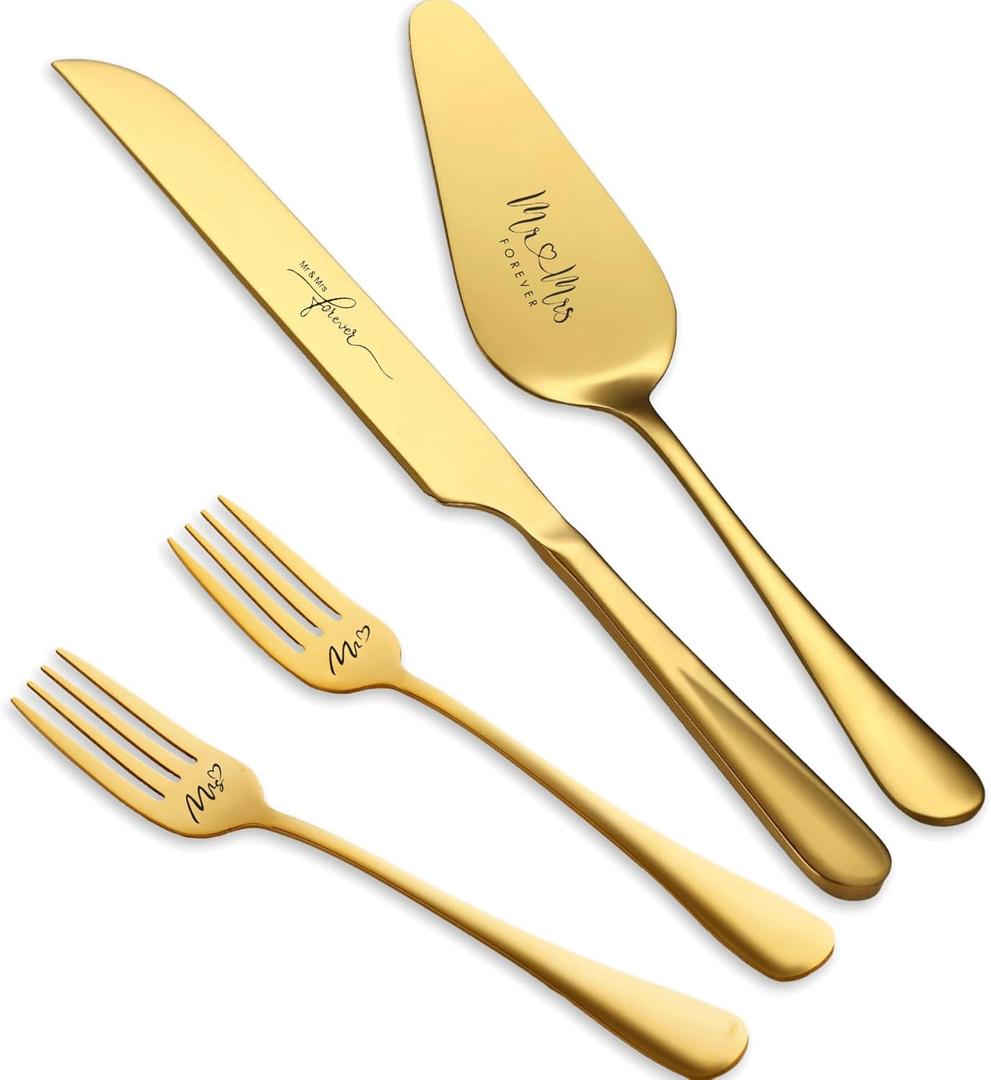 Wedding Cake Knife and Server Set, Cake Cutting Set for Wedding Gifts (Gold)
