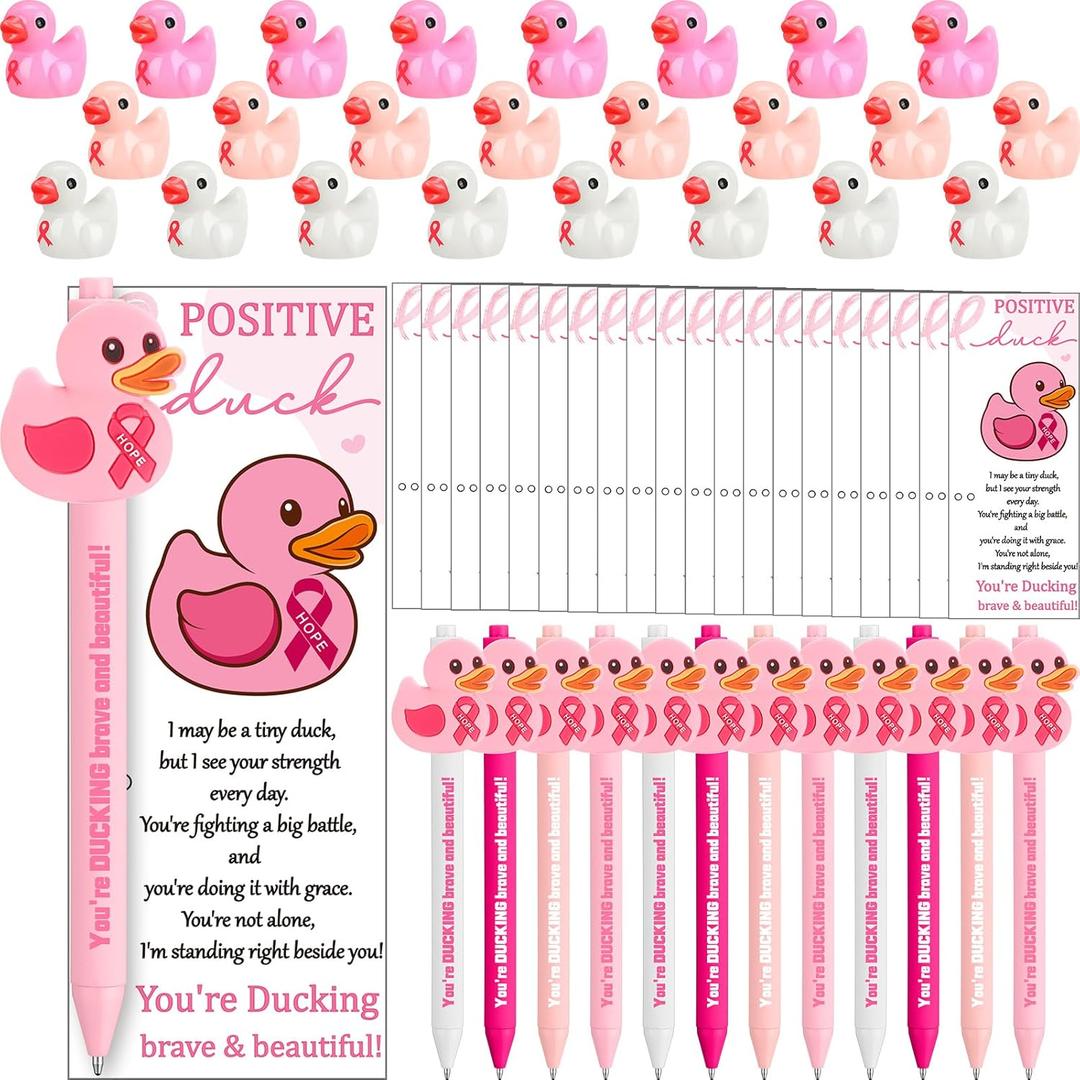 24 Sets Breast Cancer Awareness Gifts Breast Cancer Pens Bulk Pink Ribbon Ballpoint Pen with Inspirational Duck Supportive Greeting Cards Pink Ribbon Gifts for Women Survivor Party Supply