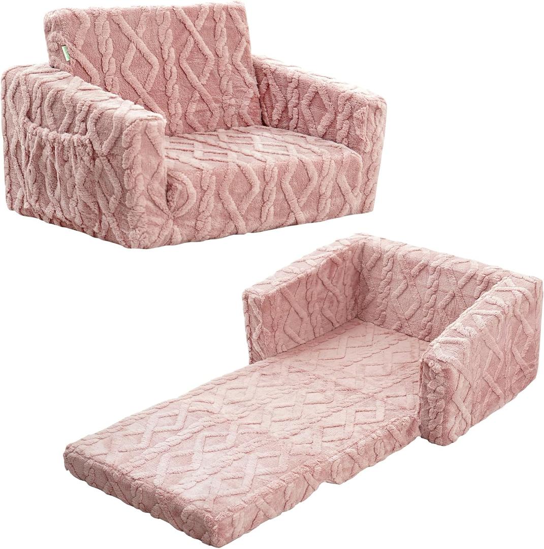 Toddler Couch for Kids  2-in-1 Fold Out Sofa and Lounger, Soft Flannel Convertible Chair, Flip Open Kids Couch(Pink) (Small, Red)