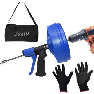DrainX SPINFEED 35 Foot Snake Drum Auger | Drill Power or Manual Use - Auto Extend and Retract Snake | Work Gloves and Storage Bag Included