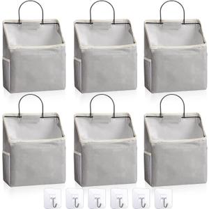 Chumia 6 Pack Wall Hanging Storage Basket Bathroom Closet Hanging Storage Bag over the Door Organizer Basket Bedroom Wall Organizer Waterproof Linen Cotton Box Containers and 10 Hooks(Grey)