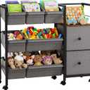 Kids Toy Organizers and Storage Bins - 7 Storage Bins + 2 Fabric Drawers + 1 Bookshelf, Playroom Storage, Mobile Cart Organizer for Toy, Clothes, Blankets and Books - Black
