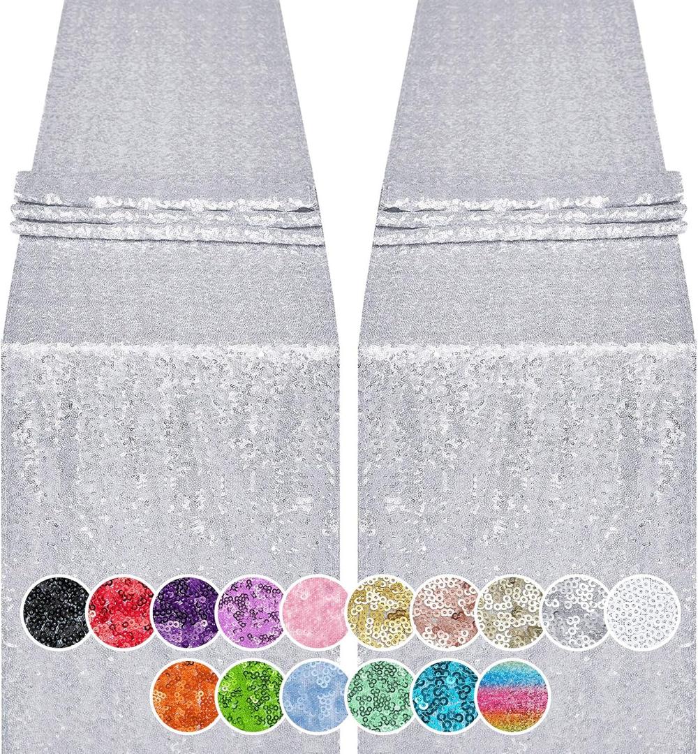 2PCS 12x72 Inch Sequin Table Runner Silver Glitter Table Runner for Party, Wedding, Bridal Baby Shower, Event Decorations2PCS, 12x72 Inch, Silver