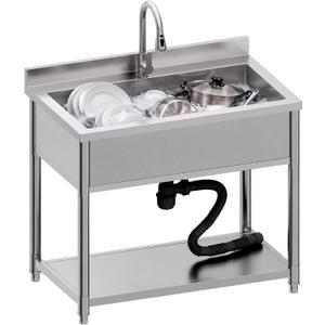Stainless Steel Utility Sink, Freestanding Laundry Sink with Faucet
Large Sink for Kitchen, Bathroom, Laundry Room, Garage, Outdoor/Indoor Use, Pet Cleaning, D21.65 x W35.43 x H36.61 inch