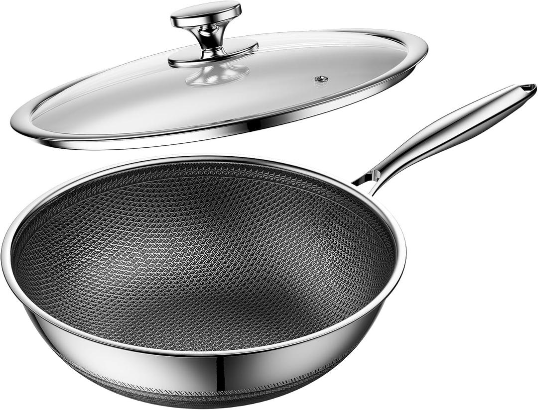 Wok,Hybrid 12-Inch Wok with Lid,Nonstick Stainless Steel Woks & Stir-fry pans,Dishwasher-Friendly,PFAS PFOA PTFE Free, Oven-Safe Up to 600°F,Compatible with All Cooktops