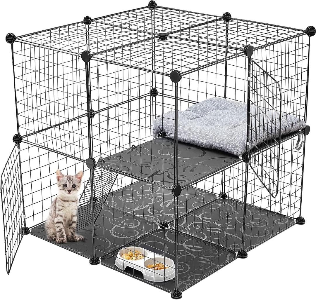2 Tier Large Cat Cage Crate DIY Pet Playpen Detachable Dense Metal Wire Ferret Cage Indoor Cat Kennels for Kitten Puppy Bunny Exercise (Black, 27.56 x 27.56 x 27.56 Inches)