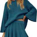 Yanekop Womens 2 Piece Sweater Skirt Set Loose Matching Lounge Sets Comfy Pajamas Set Long Sleeve Top and Skirt Sets (Blue, M)