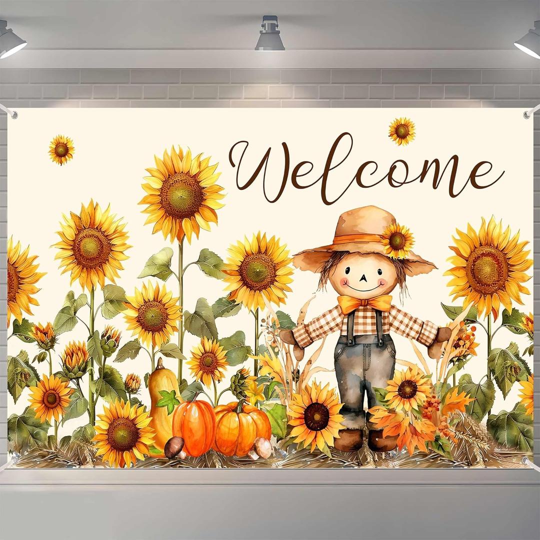 Welcome Fall Photography Backdrop Autumn Pumpkin Sunflower Scarecrow Background, Thanksgiving Party Supplies Farm Harvest Banner Photo 72 x 44 Inch