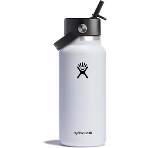 Hydro Flask Water Bottle - Insulated Stainless Steel - Wide Mouth Flex Straw Lid, Non Spill, Leakproof and Refillable in 32 Oz White