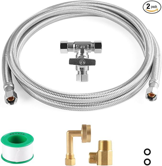 KEOKLE Dishwasher Installation Kit, 10ft,Dishwasher Water Supply Line, Stainless Steel Braided Burst Proof Hose ⅜"by⅜" Kit With Tee Stop Valve