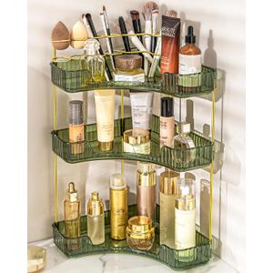 NATURE'S SOURCE Makeup Organizer for Vanity, 3-Tier Corner Bathroom Organizer Countertop with Makeup Brush Holder, Corner Counter Storage for Bathroom Dresser- Green