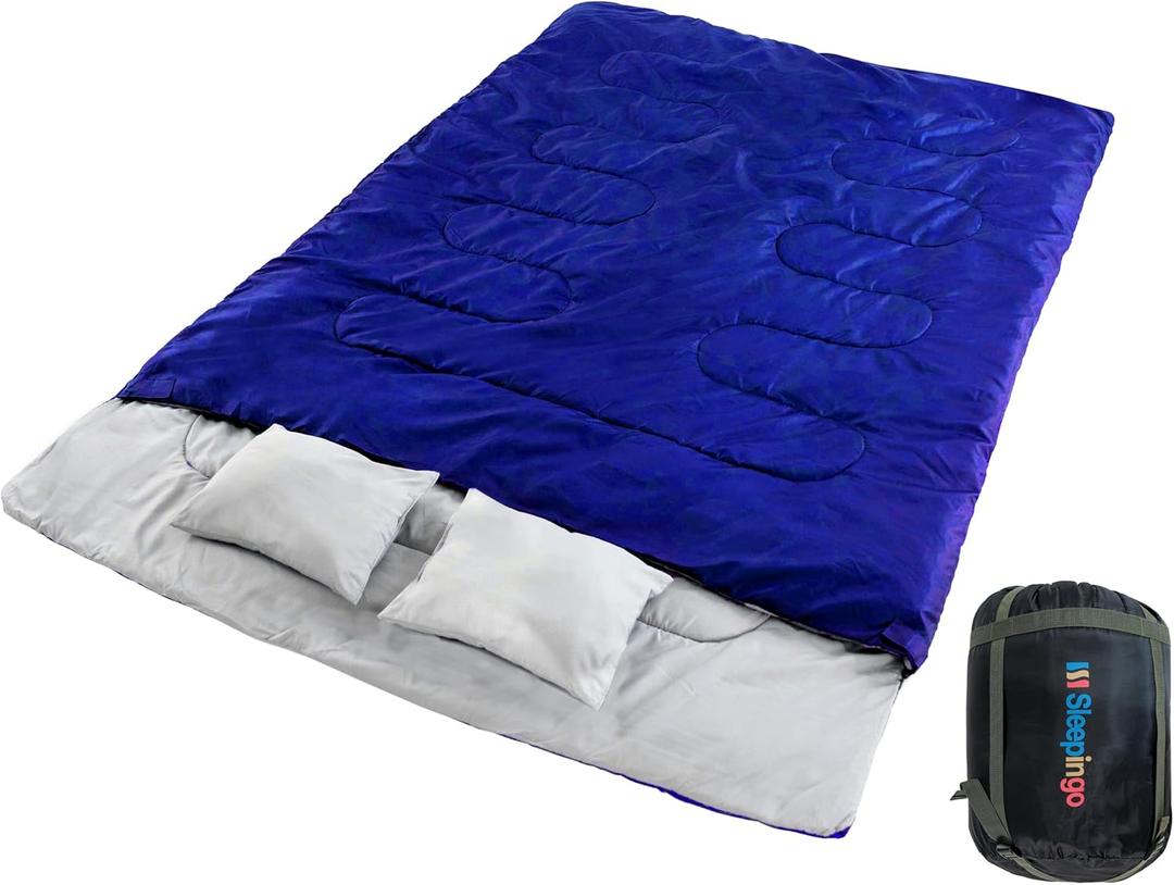 Double Sleeping Bags for Adults – Waterproof Queen-Size 2 Person Sleeping Bag with Pillows for Camping, Backpacking, Hiking, or Truck Use – Warm, Lightweight, and Convertible into Two Singles – Blue